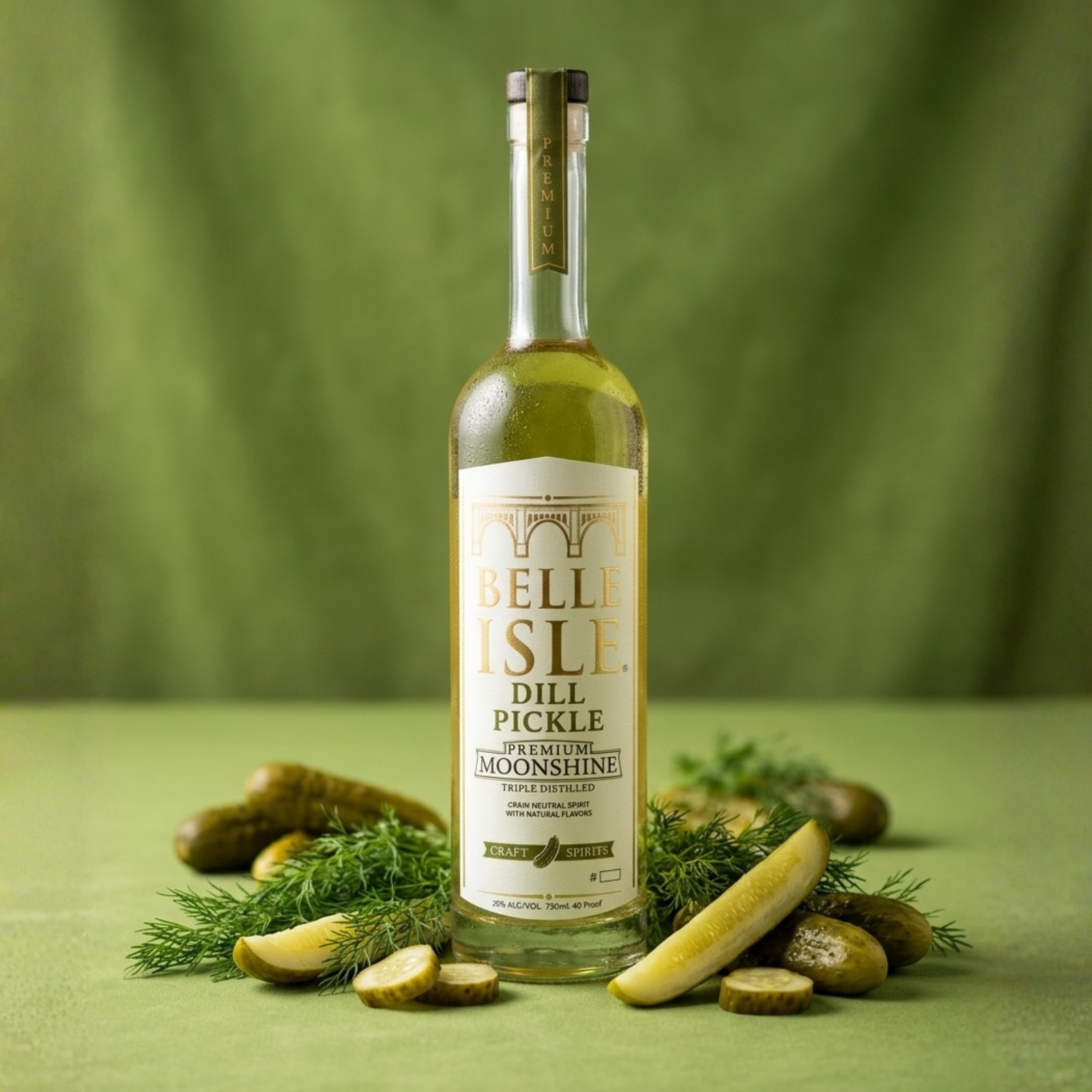 Bottle of Bell Isle Dill Pickle Moonshine with pickles and dill on a green background