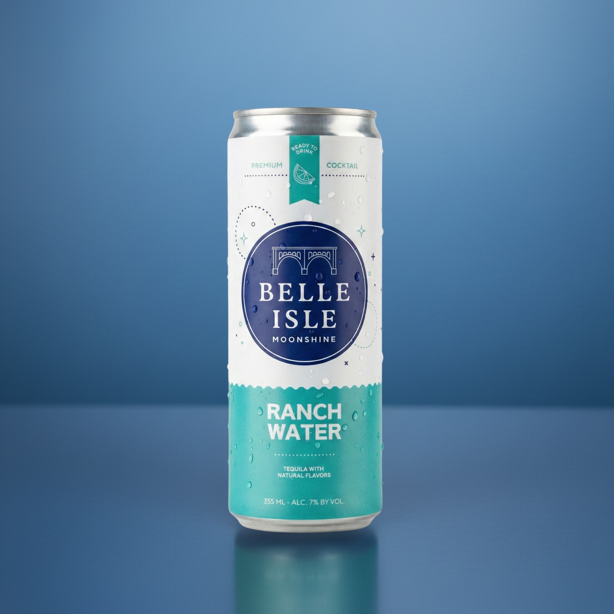 Belle Isle Ranch Water can on a blue background