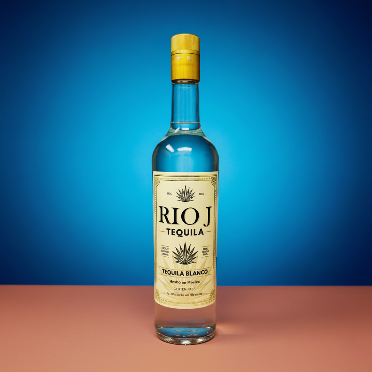 Bottle of Rioj Tequila on a blue and red background